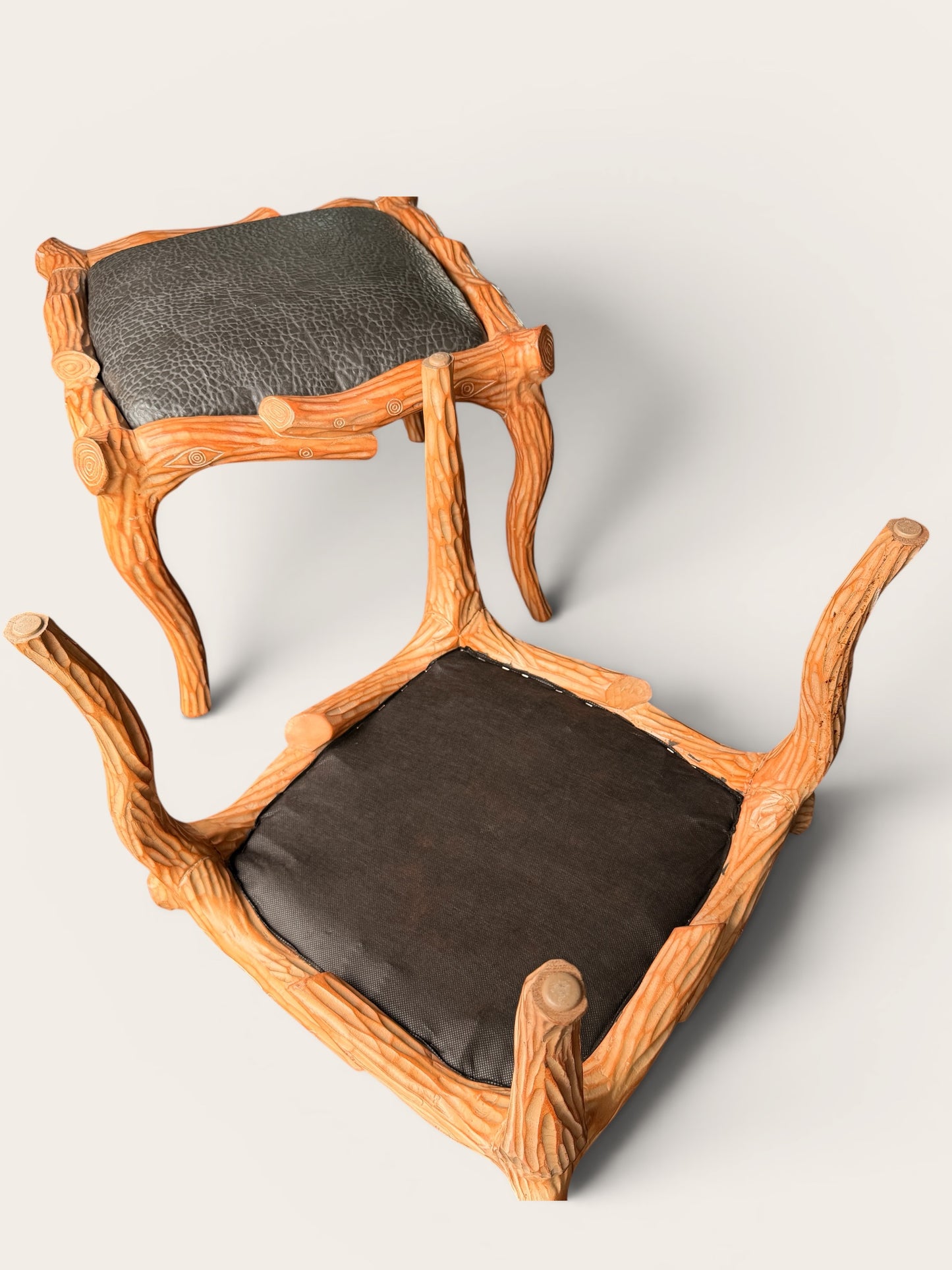 PAIR Vintage Faux Bois Carved Wood Ottomans