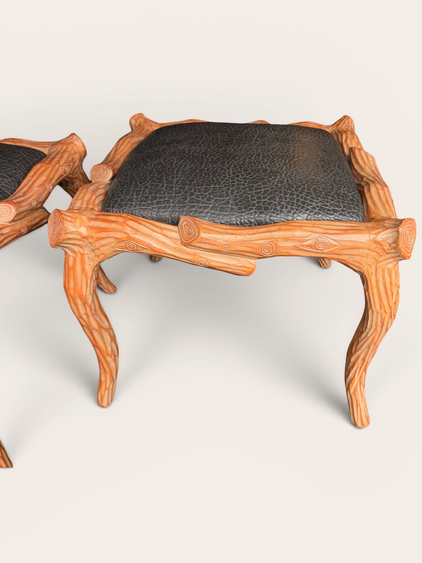 PAIR Vintage Faux Bois Carved Wood Ottomans