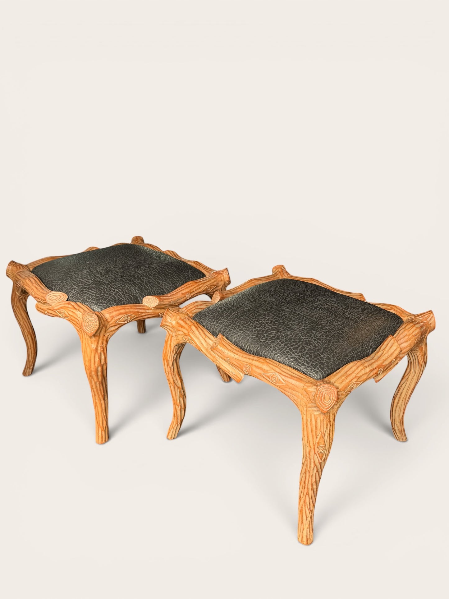 PAIR Vintage Faux Bois Carved Wood Ottomans