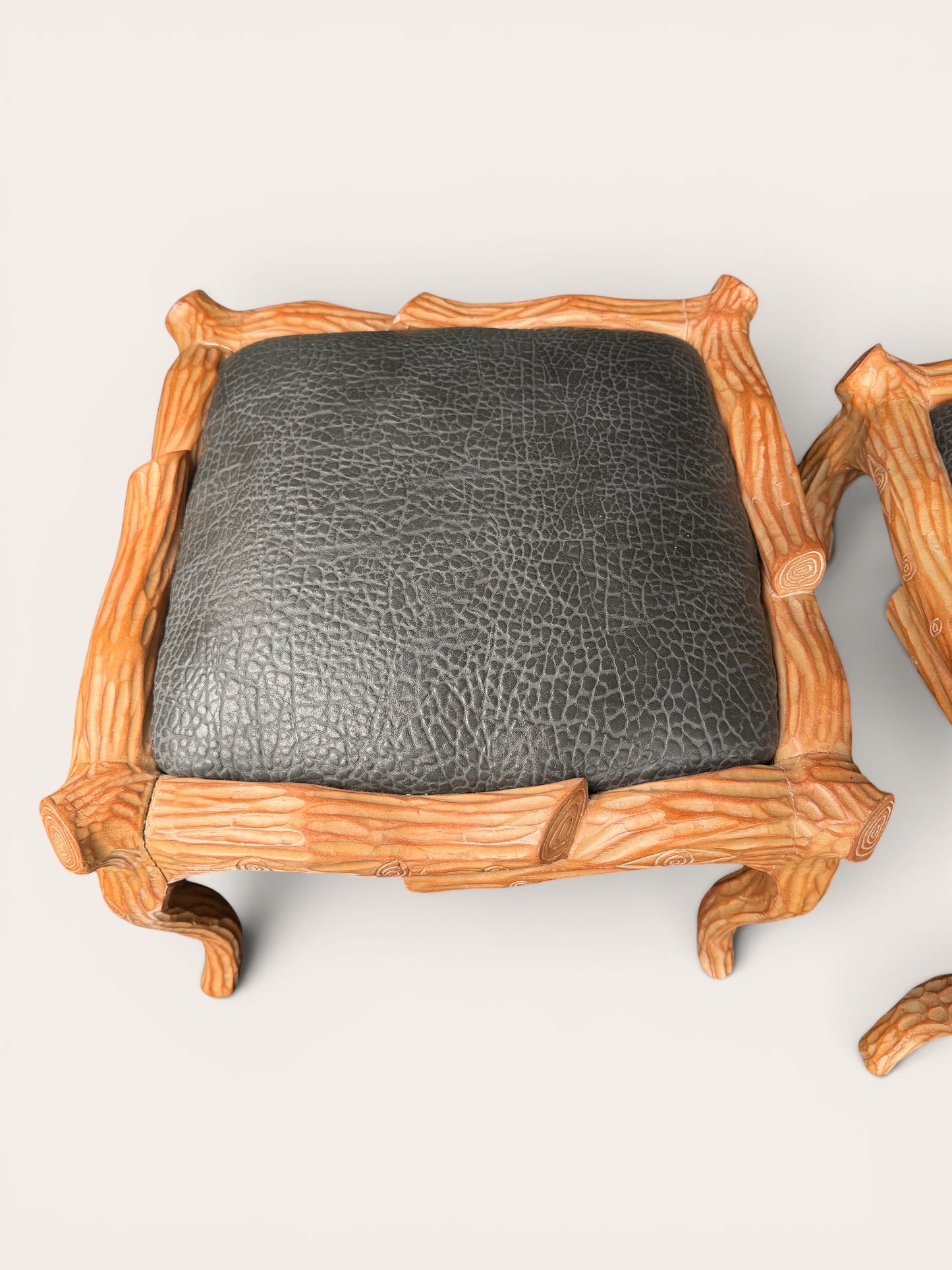PAIR Vintage Faux Bois Carved Wood Ottomans