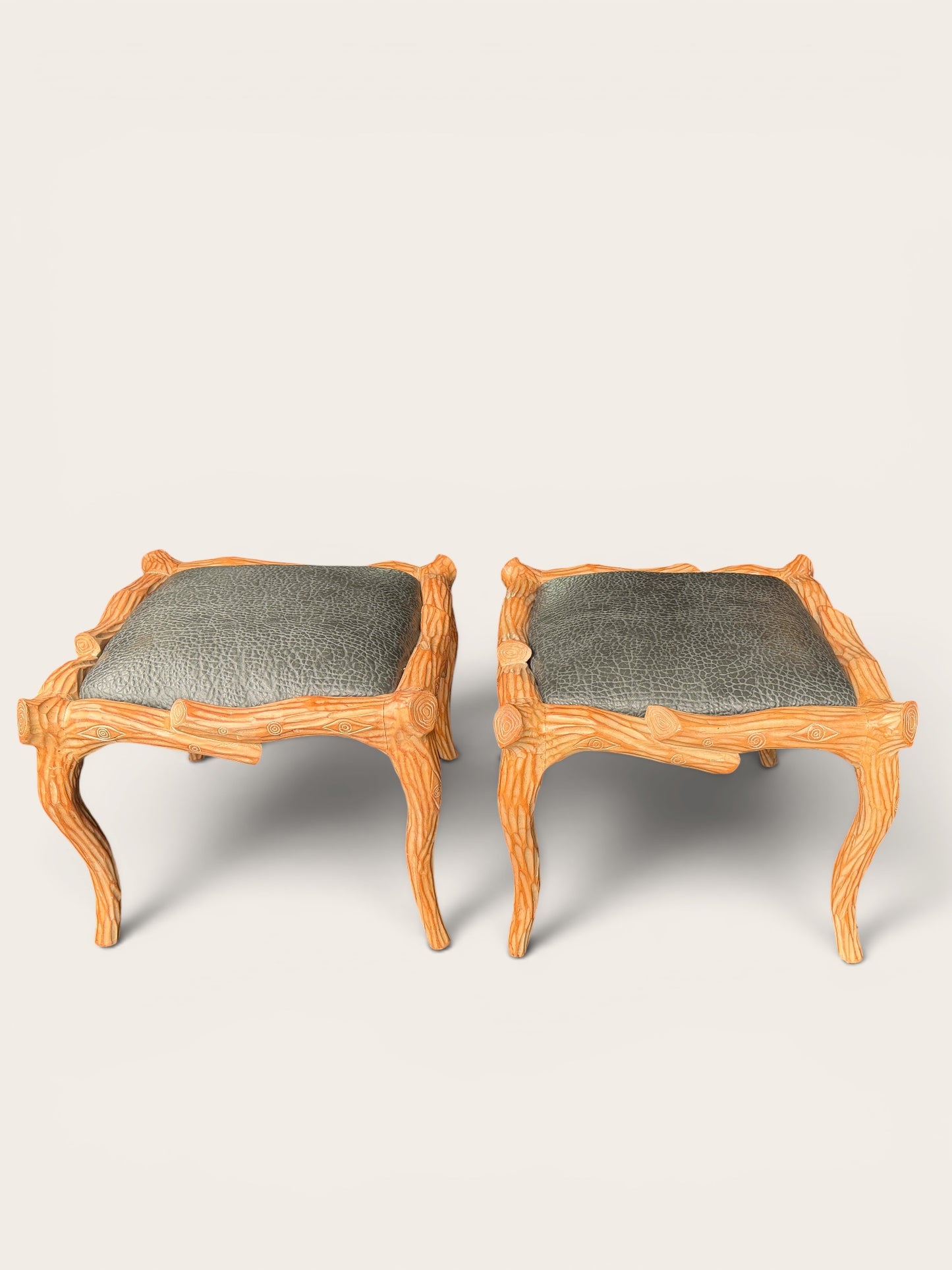 PAIR Vintage Faux Bois Carved Wood Ottomans