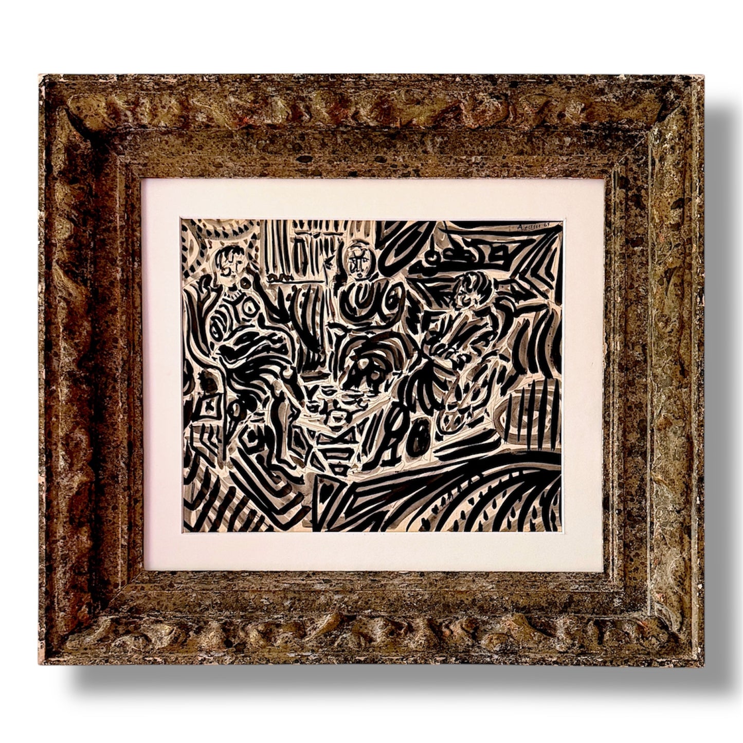 1961 ink on paper abstract drawing, signed, Vintage French frame