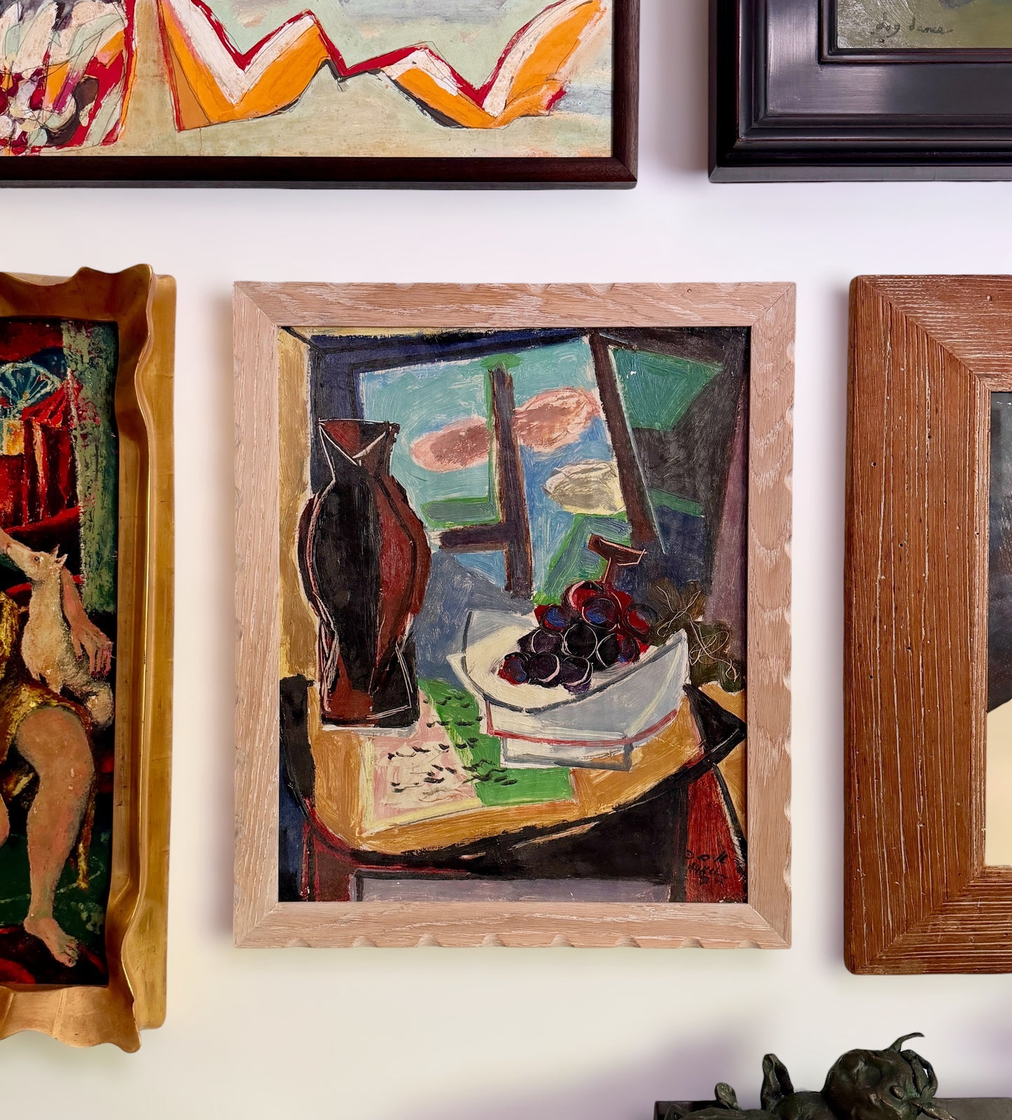 1947 Cubist Still Life Oil on Canvas, Custom Cerused Oak Frame