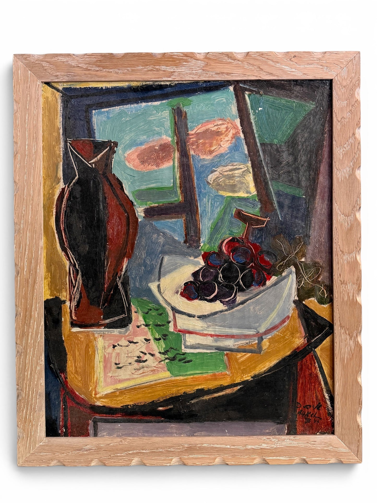 1947 Cubist Still Life Oil on Canvas, Custom Cerused Oak Frame