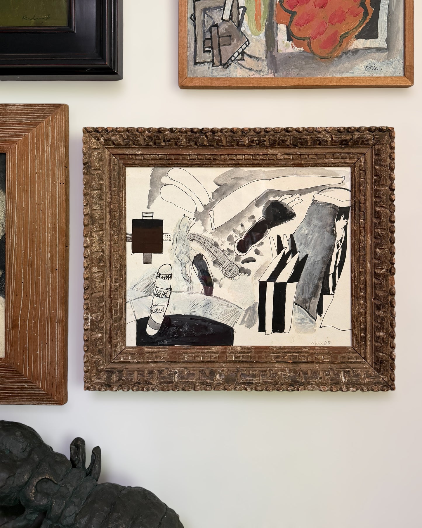 20th Century American John Mart Opie (b. 1936) Abstract Painting in B&W, Vintage Carved Wood Frame