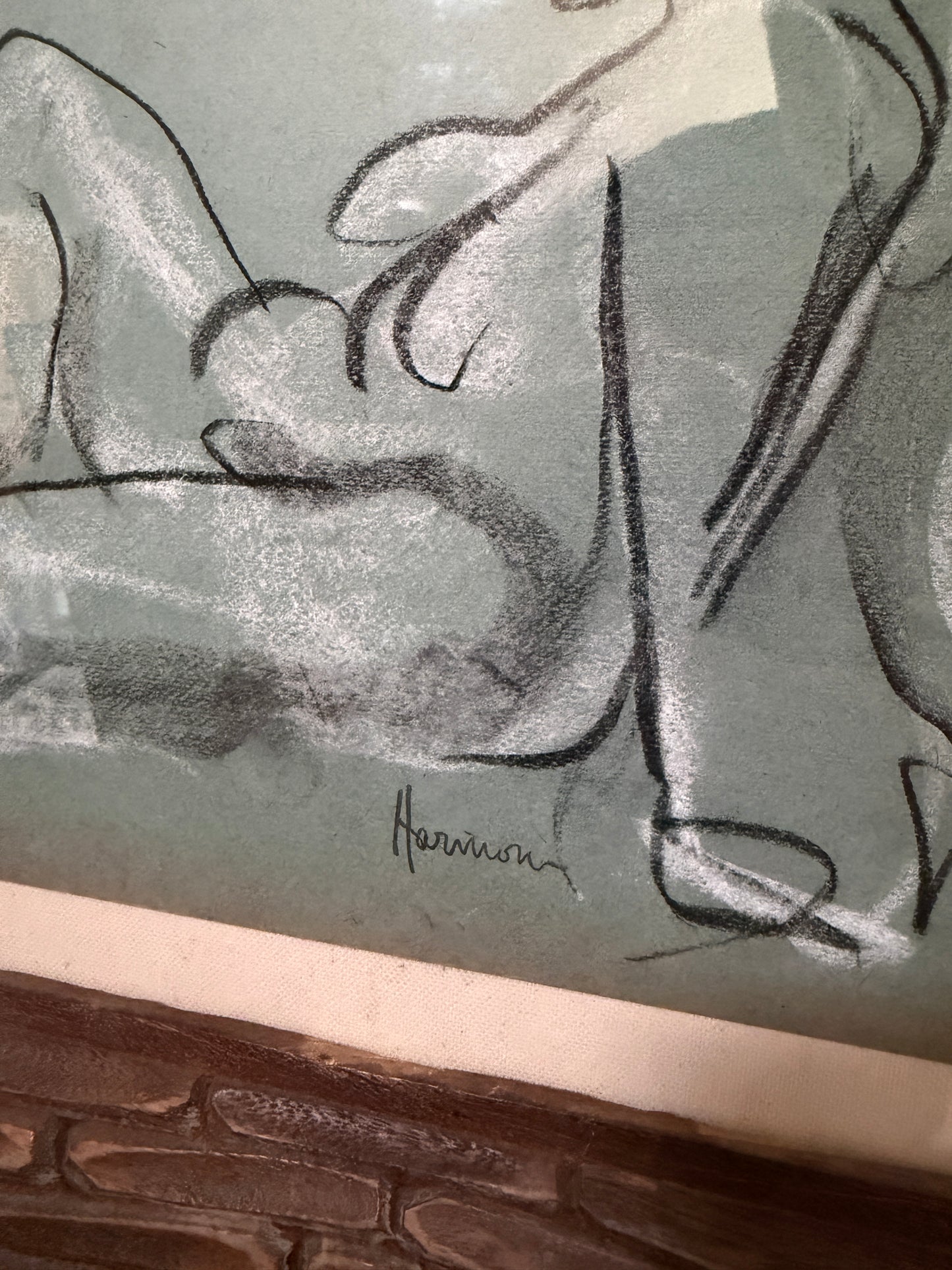 American 20th Century Oil Pastel Figurative Drawing, Mamie Harmon (1906-1993) Vintage Frame