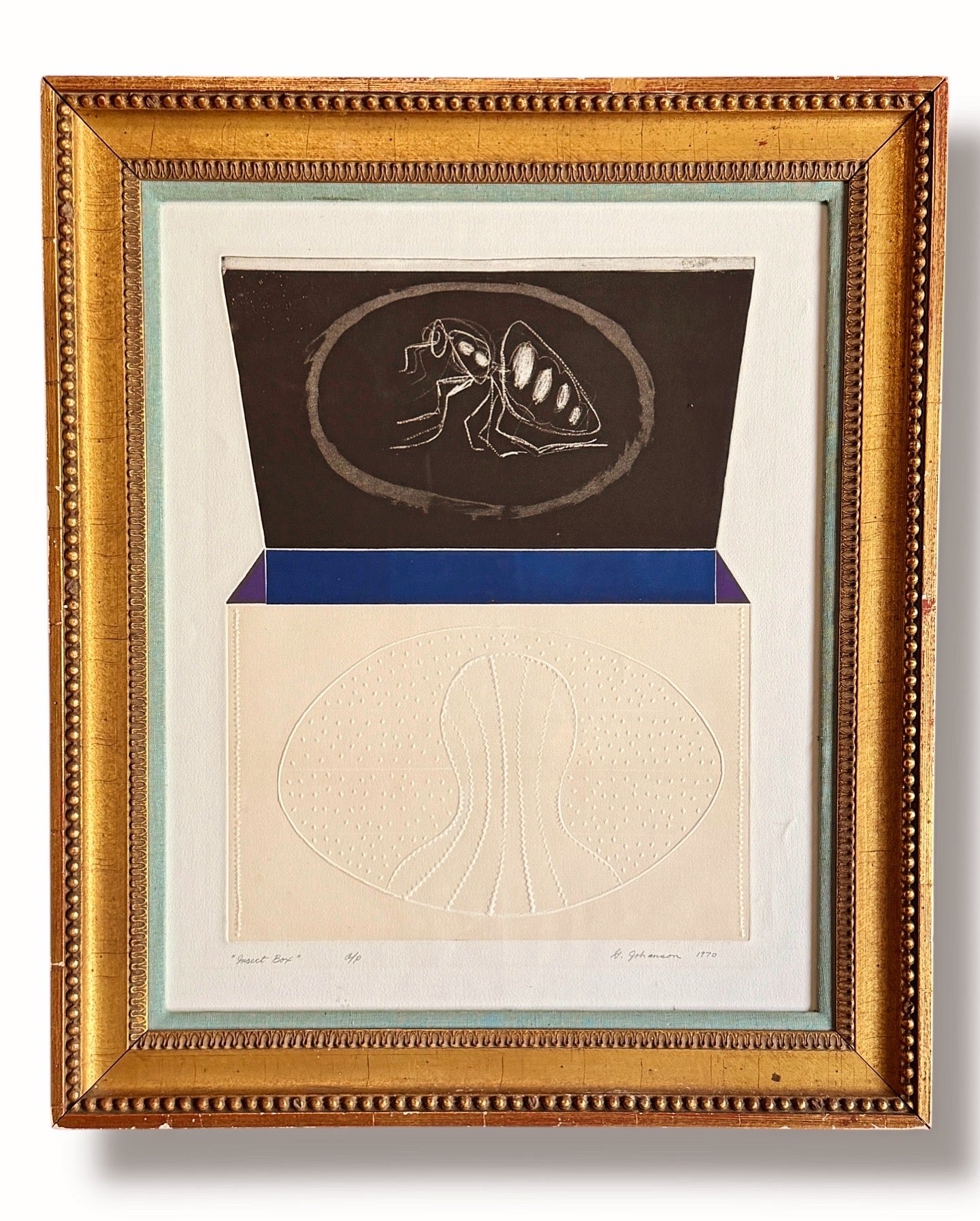 George Johanson A/P Signed Print “Insect Box” 1970 in Antique Gilt Frame