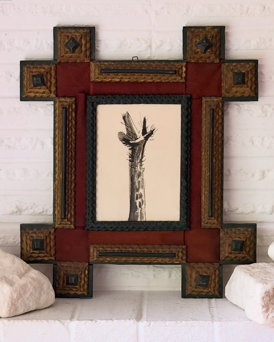 1947 ink drawing of a tree by Jack Hammack (1925-1990) in Antique Tramp Art Frame
