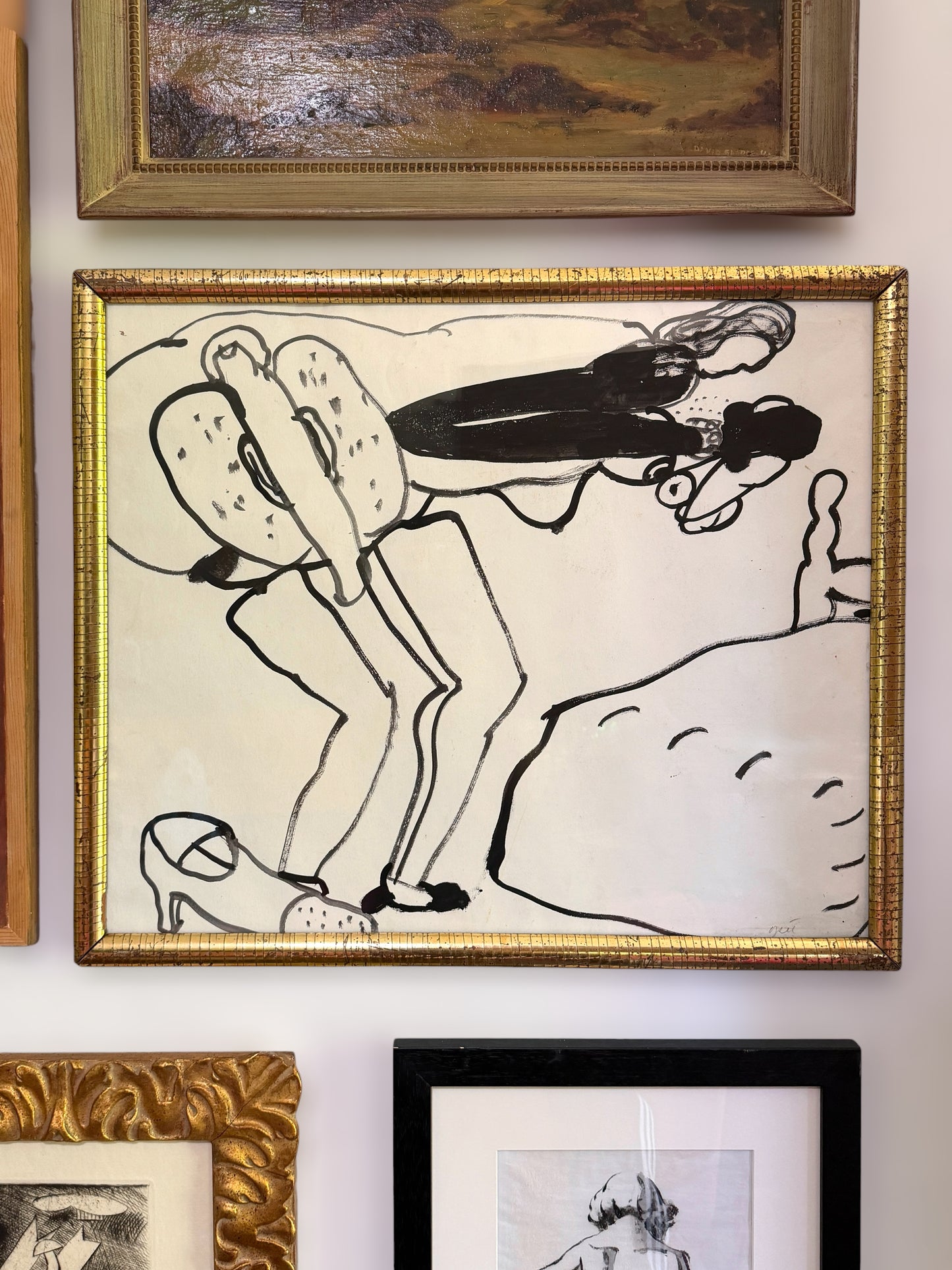 20th Century American John Mart Opie (b. 1936) Abstract Inkwash Painting in Antique Lemon Gold Gilt Frame