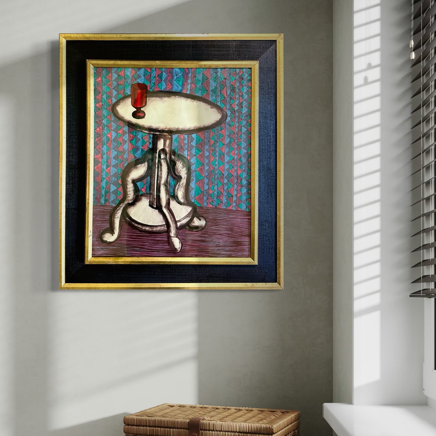 Vintage Gouache on Paper Abstracted Interior Scene in Black & Gold Frame 1960s