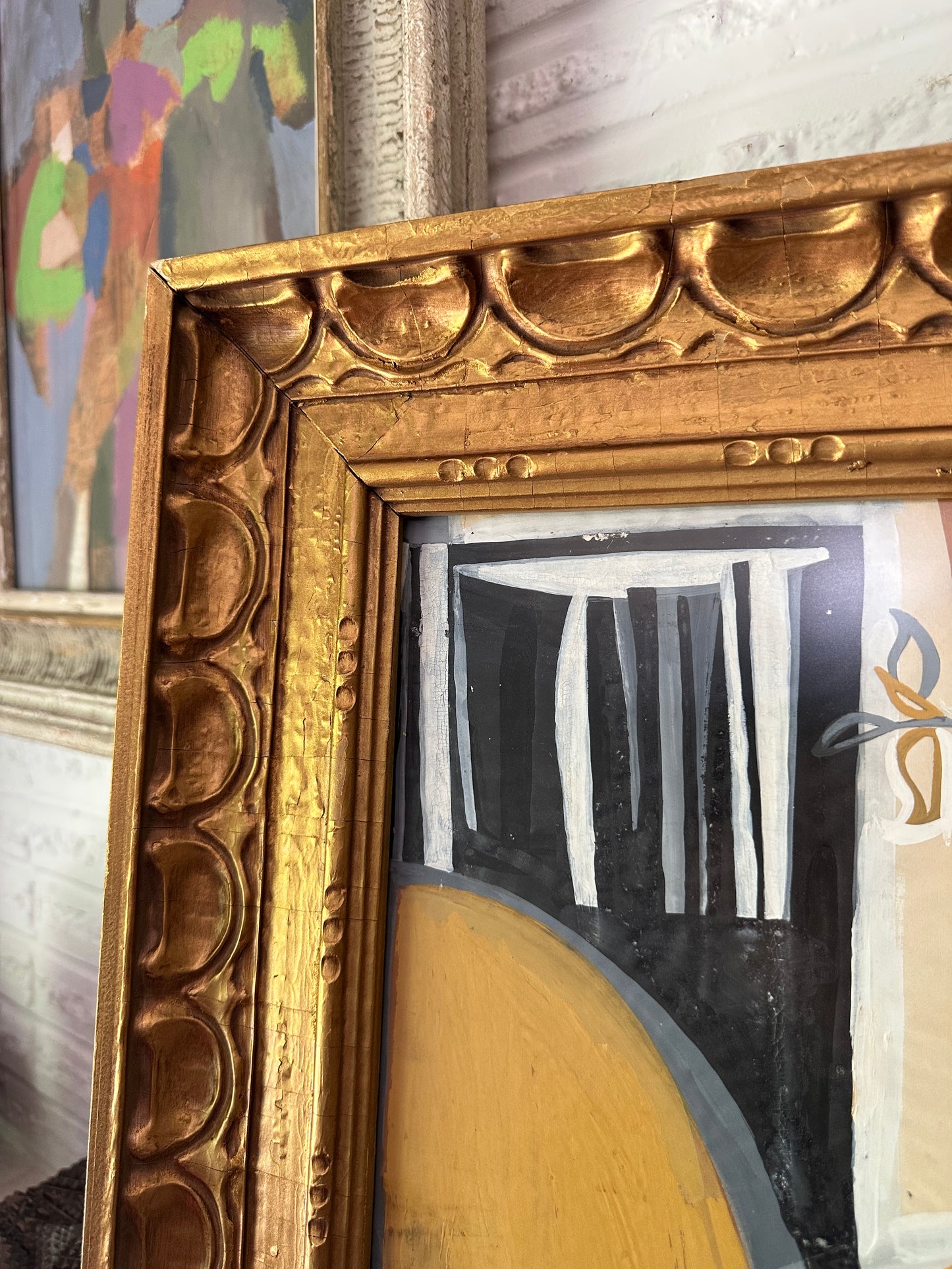 1950s original cubist painting in vintage carved wood frame