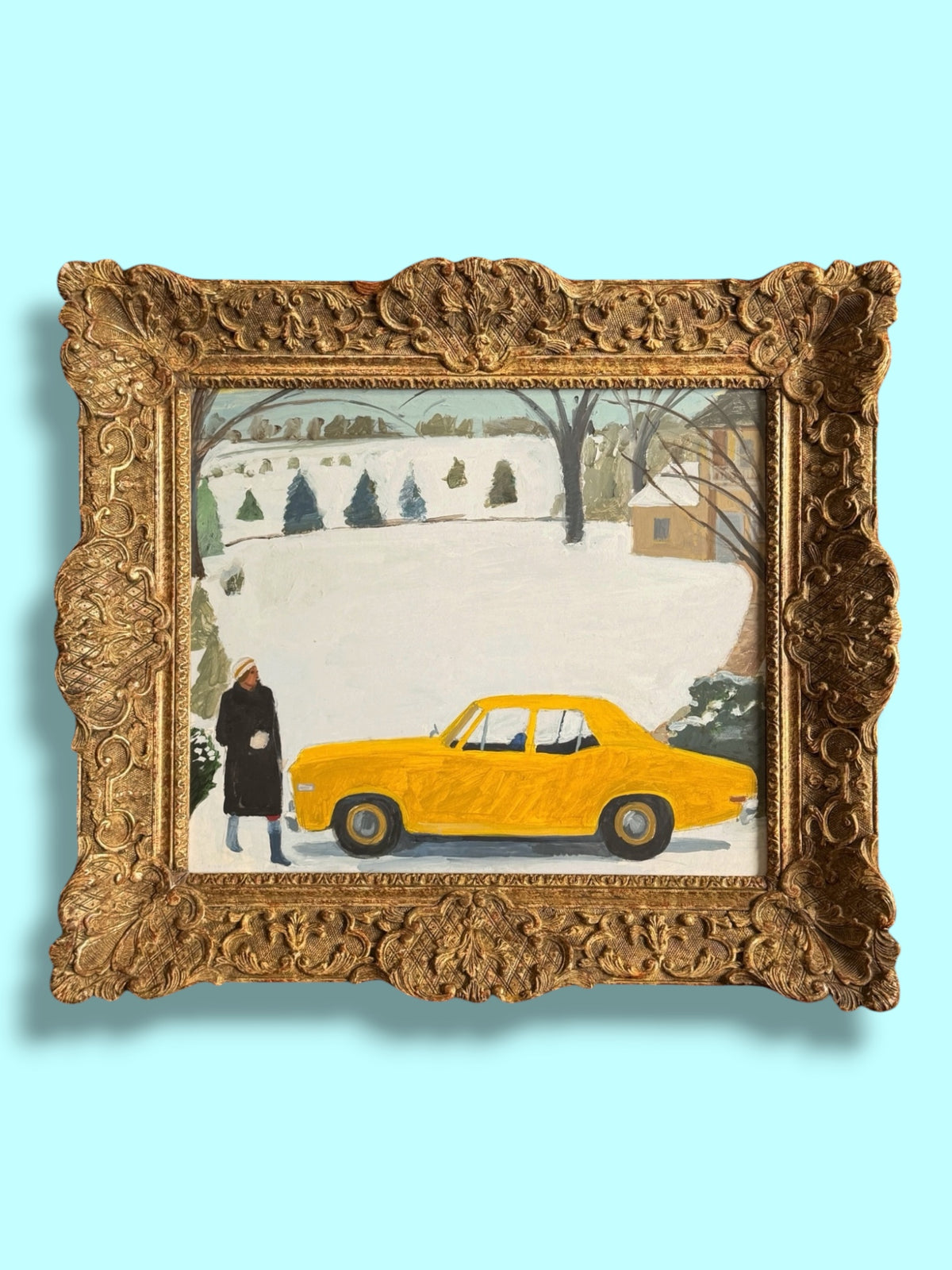 20th Century American John Mart Opie (b. 1936) Winter Scene With Yellow Car, 1970s. Antique Ornate Frame