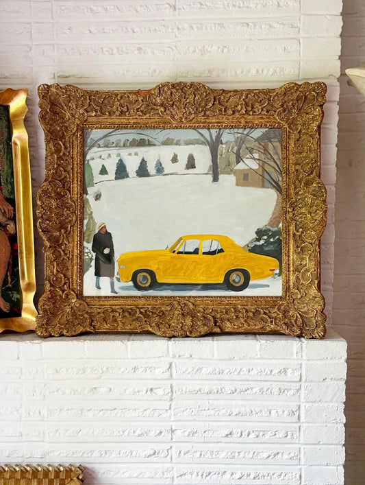 20th Century American John Mart Opie (b. 1936) Winter Scene With Yellow Car, 1970s. Antique Ornate Frame