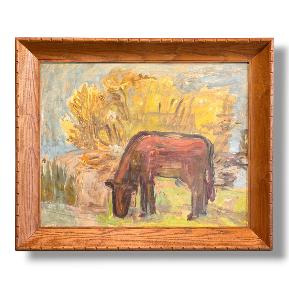 Oil on Paper Cow Painting, Oregon WPA Artist Arthur Runquist (1891-1971) Vintage Oak Cove Frame