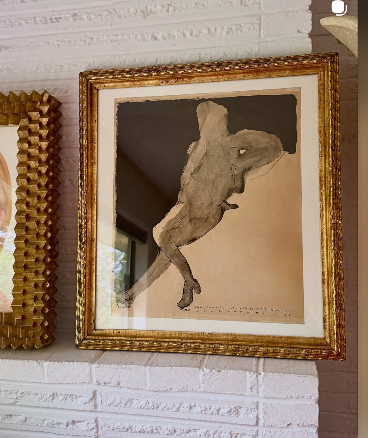 Abstract figurative ink on paper 1973 W.C.C.D Authier drawing in Scarce Rippled 19th Century Frame