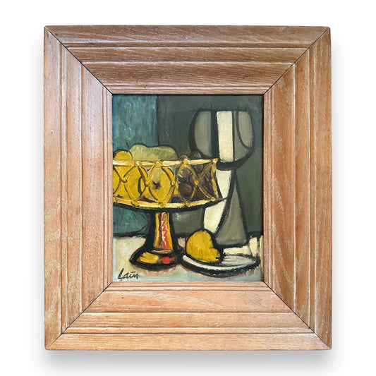 1950s Cubist Still Life Oil on Board in Period Wide Wood Frame, Signed