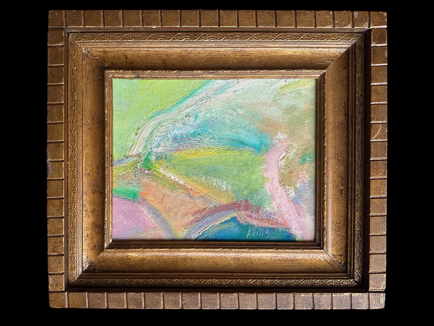 1960s abstract expressionist painting, signed, vintage wood frame