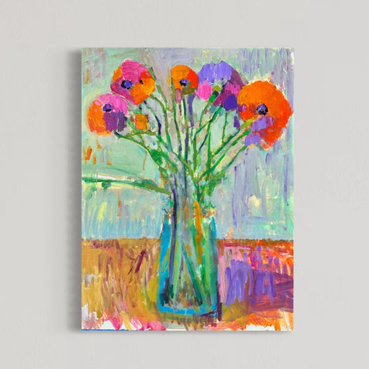 Margie Lee Still Life Vase with Orange/Purple Flowers on Paper