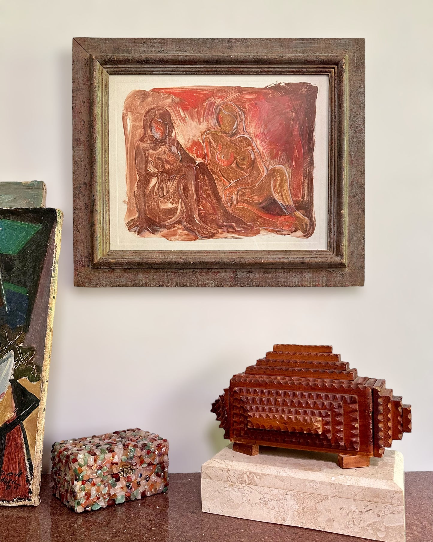 Maryanne Meltzer (1922-2014) Abstracted Figural Monotype in Vintage Wood Frame