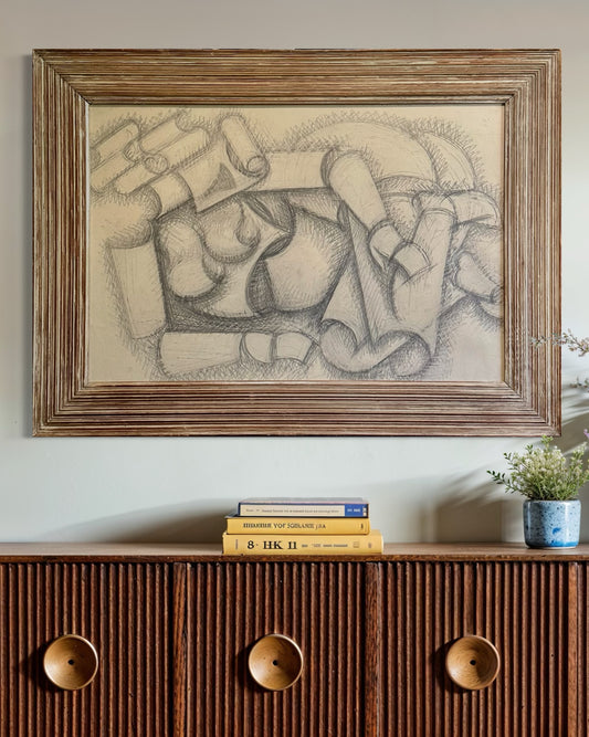Large Samuel Kudish (b. 1928) abstract figurative pencil drawing in  antique frame