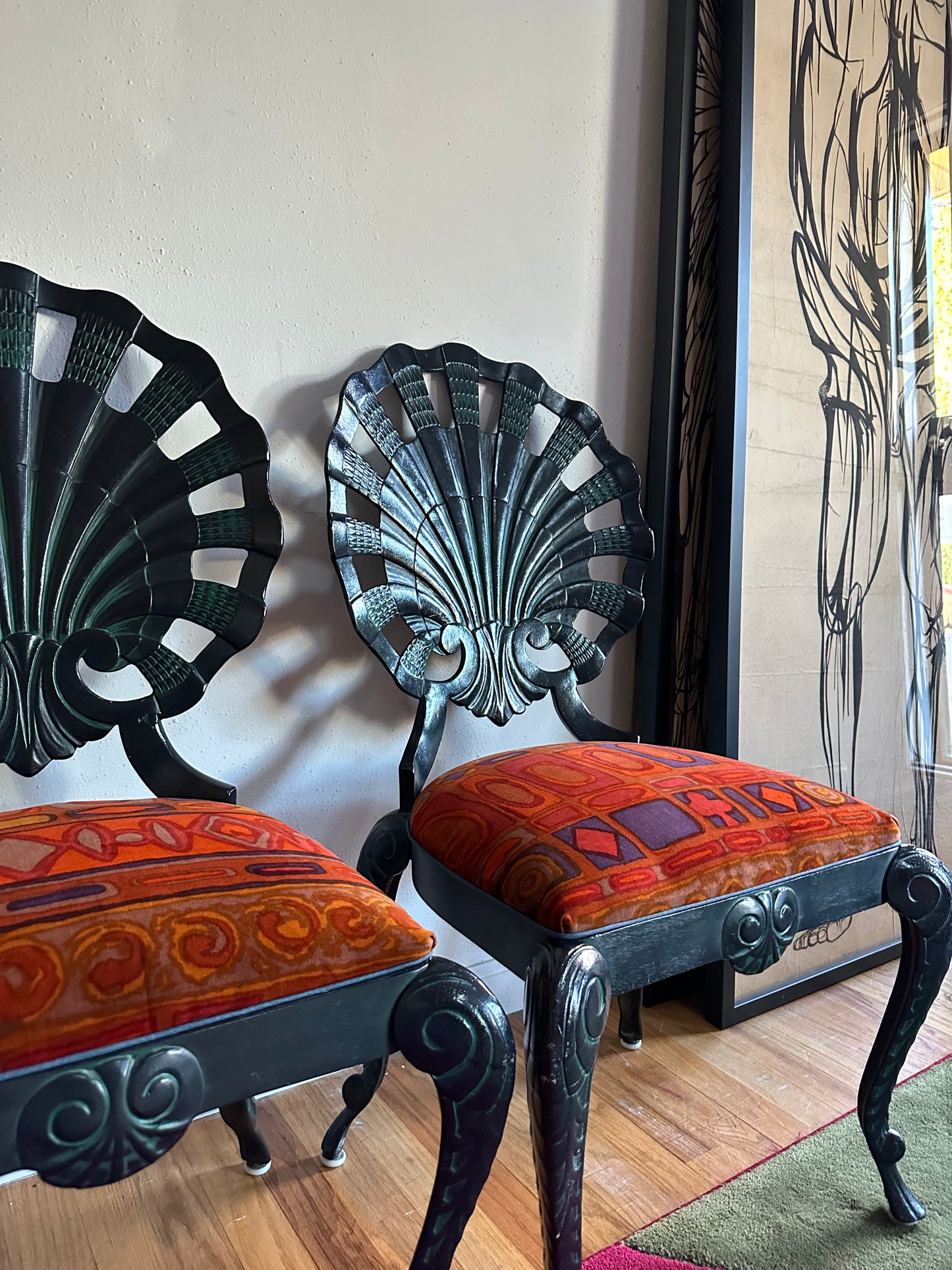 Pair of Vintage Grotto Chairs with Jack Lenor Larsen Upholstered seats