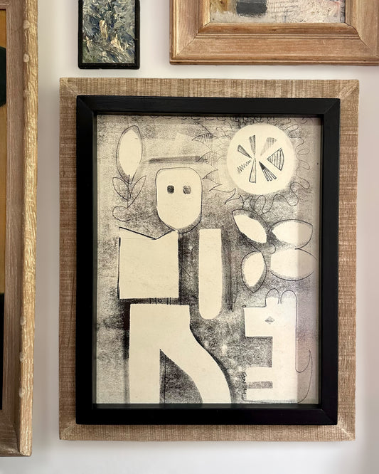 1960s Roger Long (1931-2023) original woodblock print, vintage modernist wood frame