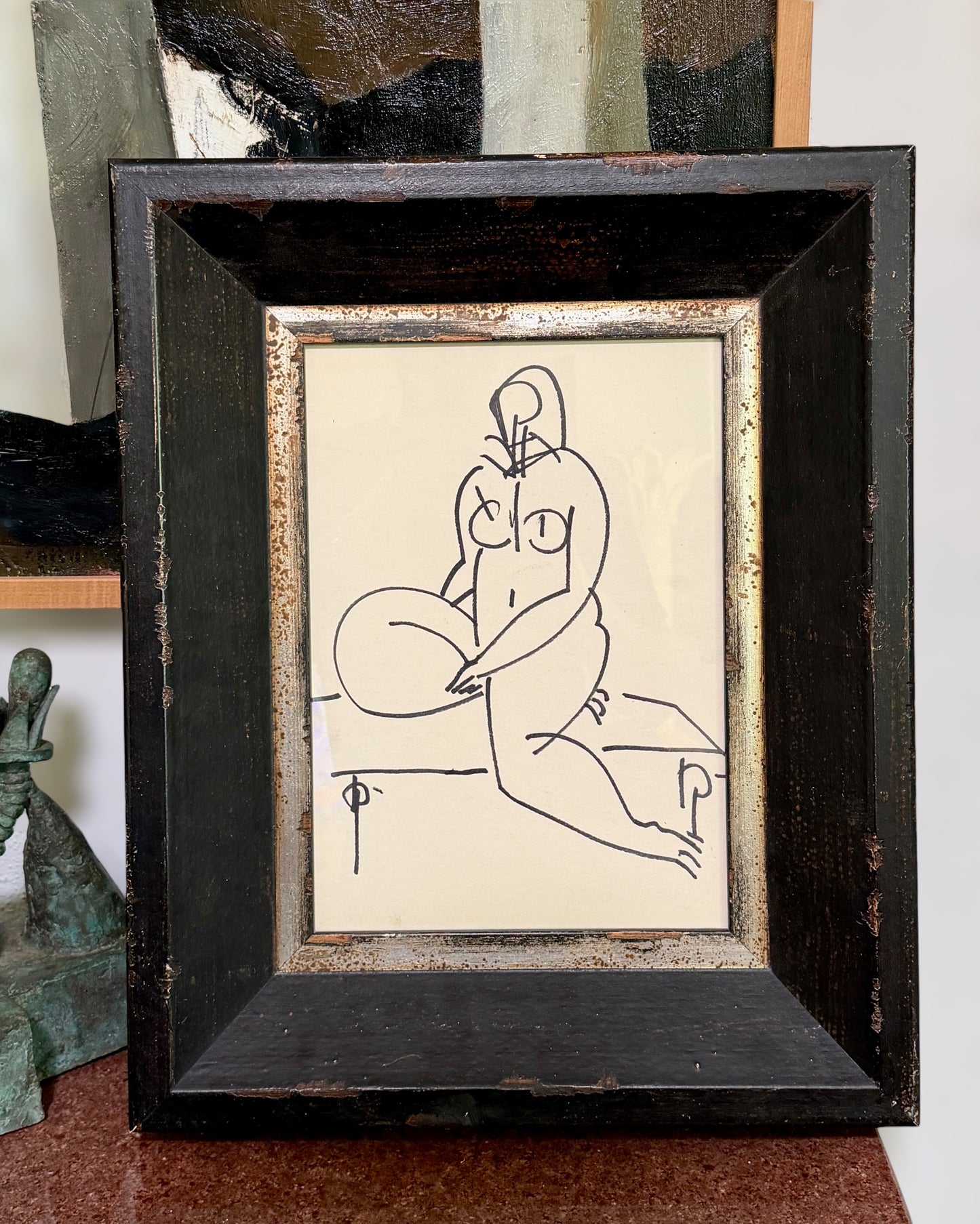 Mid 20th Century Abstract Figure Line Drawing, Herald Mesibov, Chunky Italian Frame #1